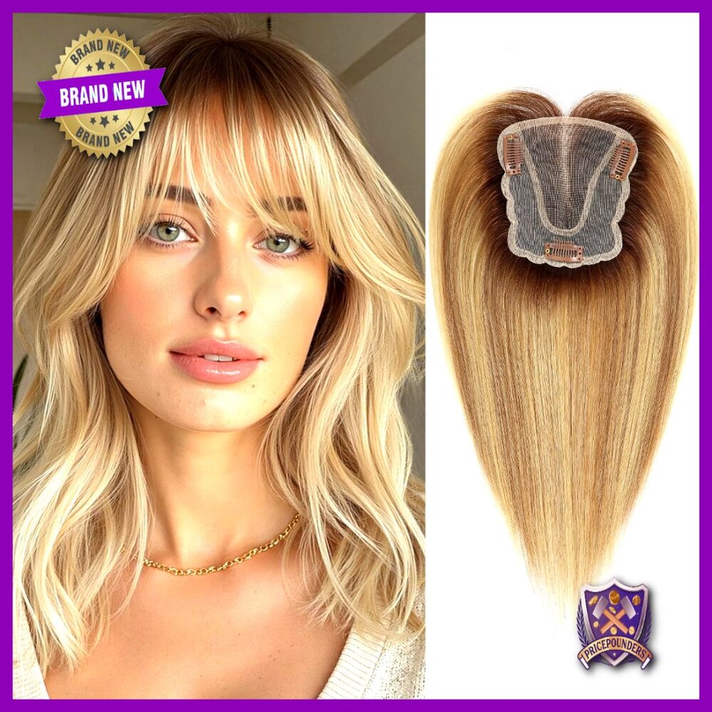 Human Hair Topper With Bangs Hand-Tied Swiss Lace Base For Thinning Hair